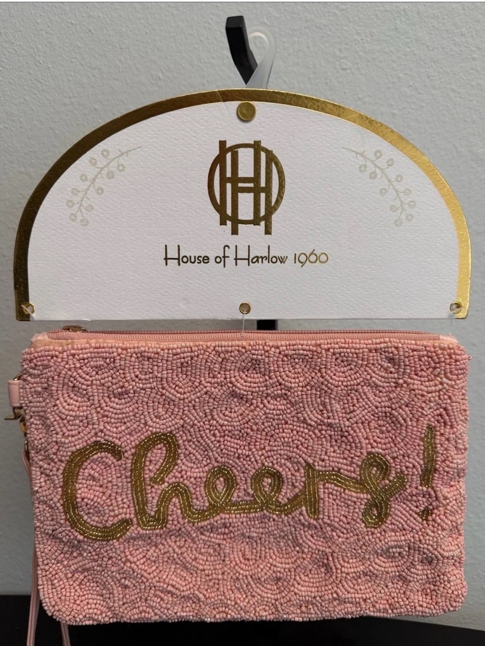 House of Harlow 1960 Pink Beaded Wristlet with Gold 'Cheers' Script